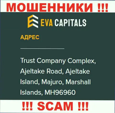 На web-сайте ЕваКапиталс Ком расположен оффшорный юридический адрес компании - Trust Company Complex, Ajeltake Road, Ajeltake Island, Majuro, Marshall Islands, MH96960, будьте внимательны - это лохотронщики