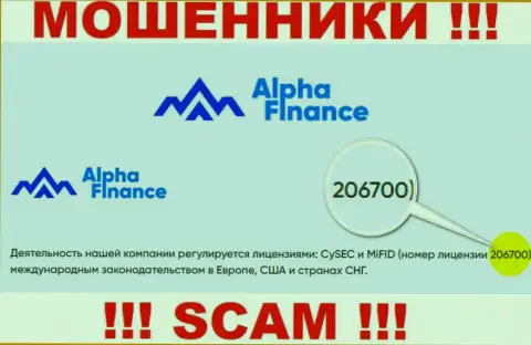 Номер лицензии на осуществление деятельности Alpha-Finance, у них на сайте, не сможет помочь сохранить Ваши вложенные денежные средства от грабежа