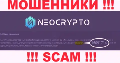 Номер регистрации NeoCrypto Net - информация с официального онлайн-ресурса: 216091714