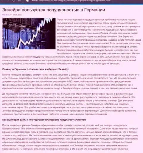 Обзорный материал об условиях для совершения сделок биржи Зинеера Ком на интернет-портале Kuban Info