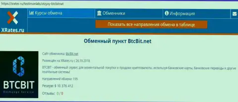 Краткая информационная справка об онлайн-обменнике BTCBit на портале XRates Ru